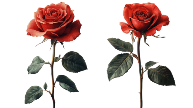 Set of 2 dark red roses with slender branches and fresh green leaves isolated on white background. Suitable for marketing or business purposes. PNG file