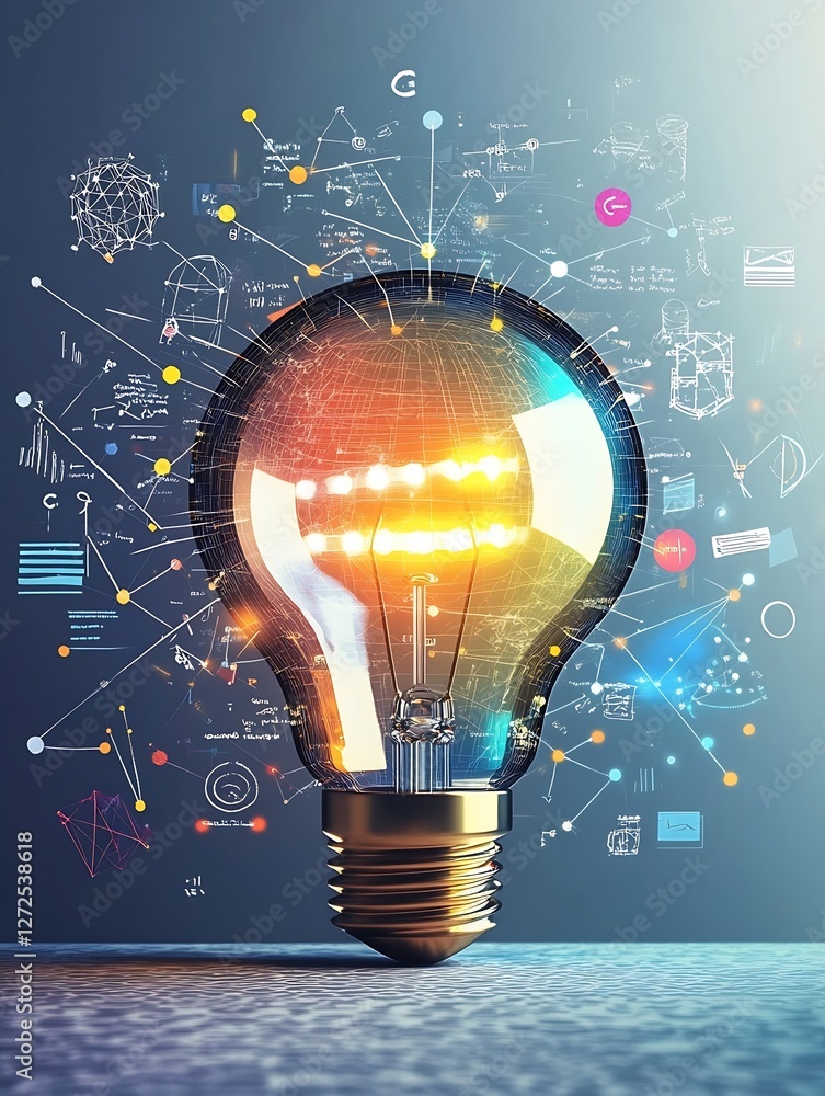 Aufkleber Light bulb with creative doodles and bright glowing innovation concept concepts bursting from it : Generative AI
