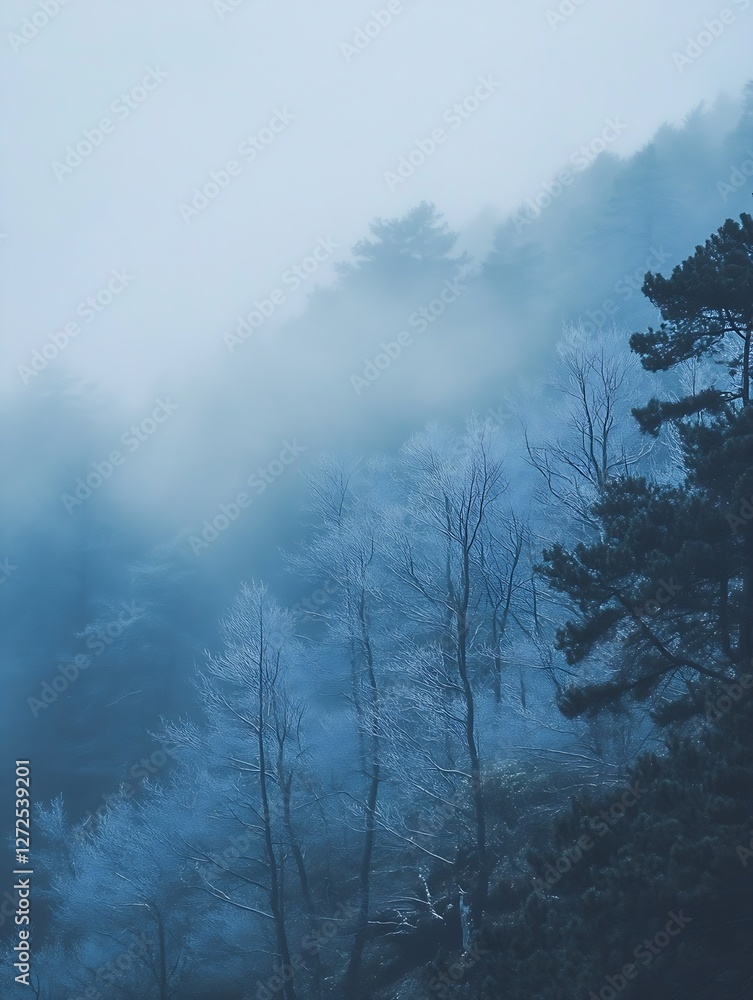Poster serene blue misty forest landscape with tall trees and fog in soft focus : generative ai