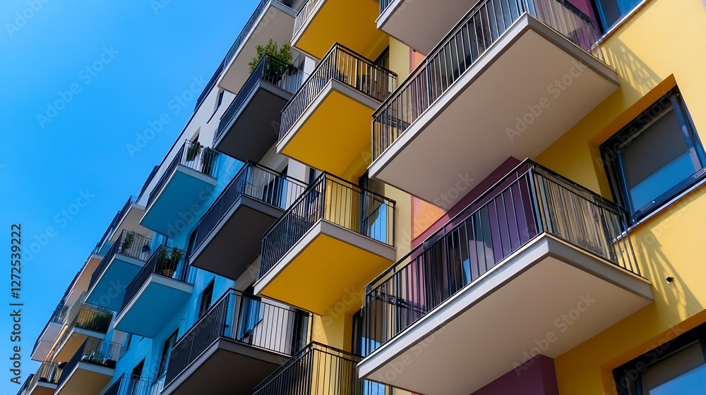 Poster colorful apartment balconies with modern architecture and vibrant facade design : generative ai