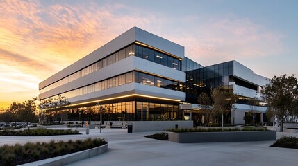 Obraz premium Modern Architectural Office Building with Large Windows under Sunset Sky : Generative AI