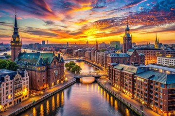 Fototapeta premium Panoramic Hamburg Cityscape: Elbe River, Speicherstadt, and HafenCity Skyline