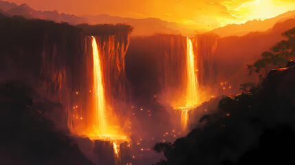 Fototapeta premium sunset waterfalls two grand towering cliffs
