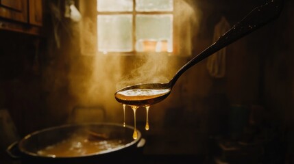 Obraz premium Golden Honey Dripping from a Spoon in Rustic Kitchen