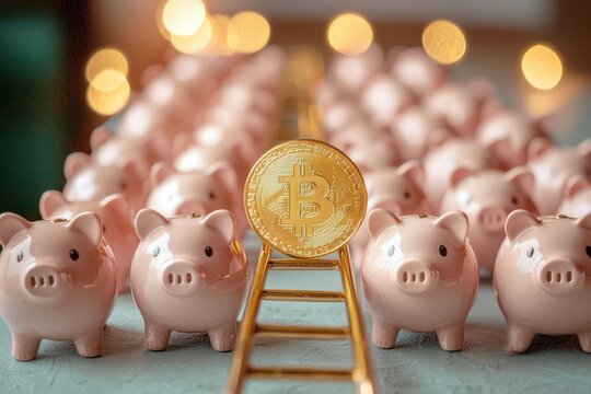 A group of piggy banks ascend a ladder toward a giant golden coin, symbolizing teamwork, collective savings, financial growth, and wealth accumulation.