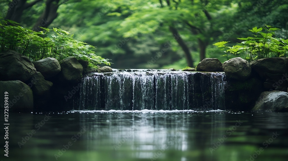 Poster serene waterfall surrounded by lush greenery in a tranquil natural setting : generative ai