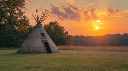 Obraz premium Beneath a stunning sunset, a traditional wigwam stands proudly in a peaceful meadow. The moment captures a connection to nature and the rich heritage of American Indian peoples