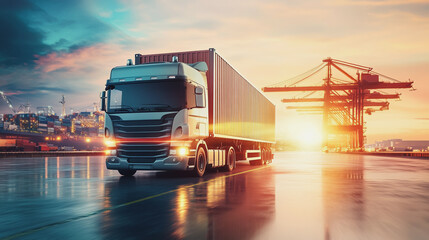 Fototapeta premium Container truck in ship port for business Logistics and transportation of Container Cargo ship and Cargo plane with working crane bridge in shipyard at sunrise, logistic import export and transport