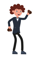 Person in a tuxedo dancing with dumbbells at a lively event celebration