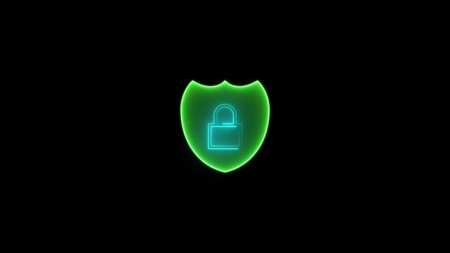 Glowing neon line Shield security with lock icon,  data protection animation  password security. Firewall access privacy sign. 4K Video motion graphi