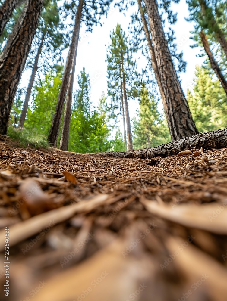 Poster scenic view of a forest floor leading up towards towering pine trees under a clear blue sky : genera