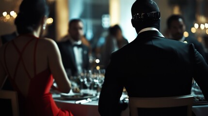 Assassination attempt during an elite gala event. Featuring a figure disguised as a waiter