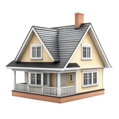 Suburban house with gray roof, dormer windows, and wooden porch isolated on a transparent background