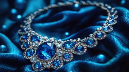 Fototapeta premium Elegant Sapphire and Diamond Necklace Laid Out on Luxurious Fabric
