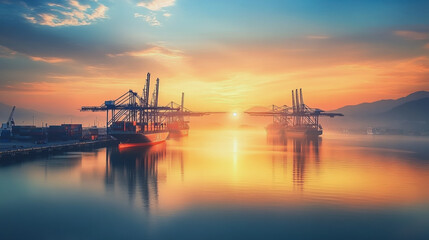 Fototapeta premium Container truck in ship port for business Logistics and transportation of Container Cargo ship and Cargo plane with working crane bridge in shipyard at sunrise, logistic import export and transport