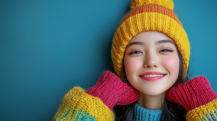 Woman in colorful knitted hat and sweater smiling