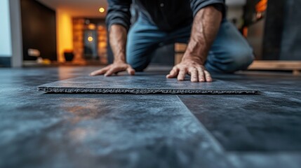 Man installing flooring in modern home interior