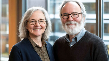 Elderly couple sharing warm smiles, embodying enduring love and connection.
