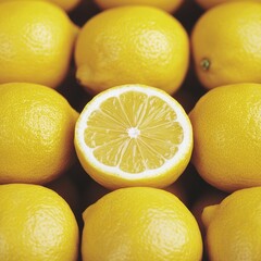 Fresh lemons arranged in a vibrant display with a cut lemon showcasing juicy interior