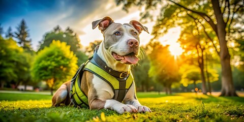 Panoramic Photo: Service Dog Pit Bull in Vest, Working Outdoors