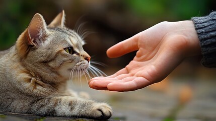 A heartwarming moment of connection between a grey tabby cat and a human hand, a gentle interaction outdoors showcasing trust and companionship.