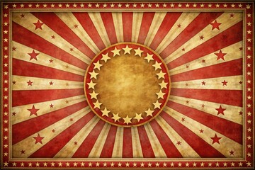 Grunge paper. Red, white sunburst. Golden stars. Minimalist vintage circus poster backdrop.