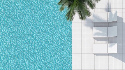 Overhead view of pool, palm tree, and lounge chairs.