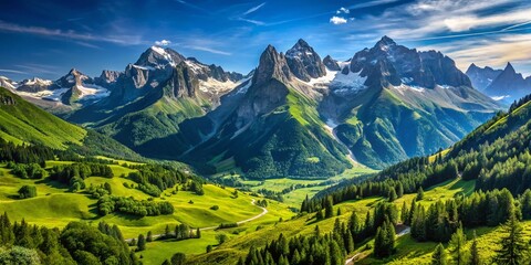 Fototapeta premium Panoramic Savoy Alps Landscape: Majestic Mountain Peaks and Verdant Valleys