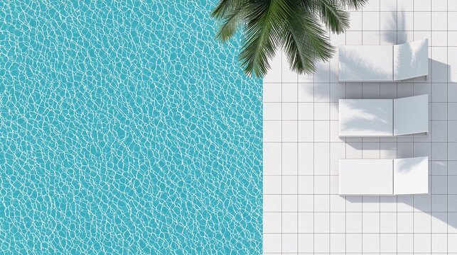 Overhead view of pool, palm tree, and lounge chairs.