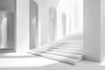 Fototapeta premium A minimalist interior featuring white walls and arches, with a staircase leading upwards. Soft light filters through, creating a serene and spacious atmosphere.