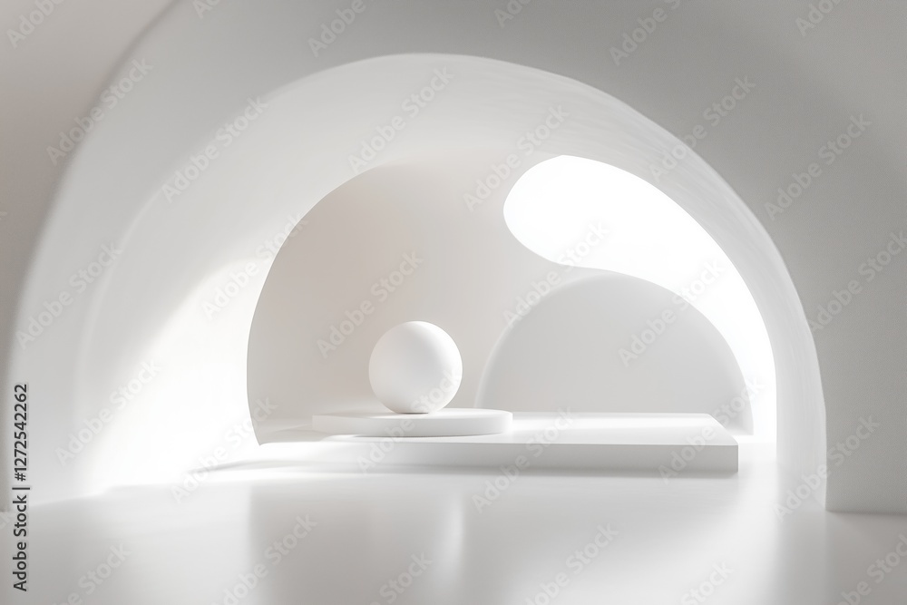 Poster a minimalist interior scene featuring smooth white surfaces and a spherical object. the design empha