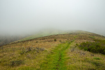 Grassy Del Norte Trail Heads Uphill Toward Fog Covered Montanon Ridge