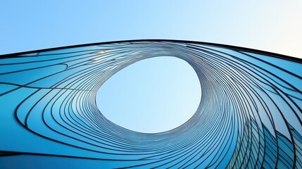 A captivating abstract sculpture featuring a blue design with a central circular opening, set against a bright sky.