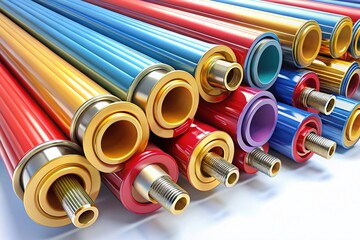 Panoramic Top View of Insulated Pipes Isolated on White Background - Industrial Plumbing Stock Photo