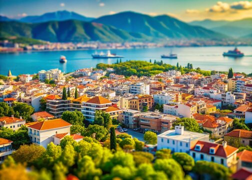 Panoramic Tilt-Shift View of Volos City from Makrinitsa, Greece - Picturesque Hilltop Village