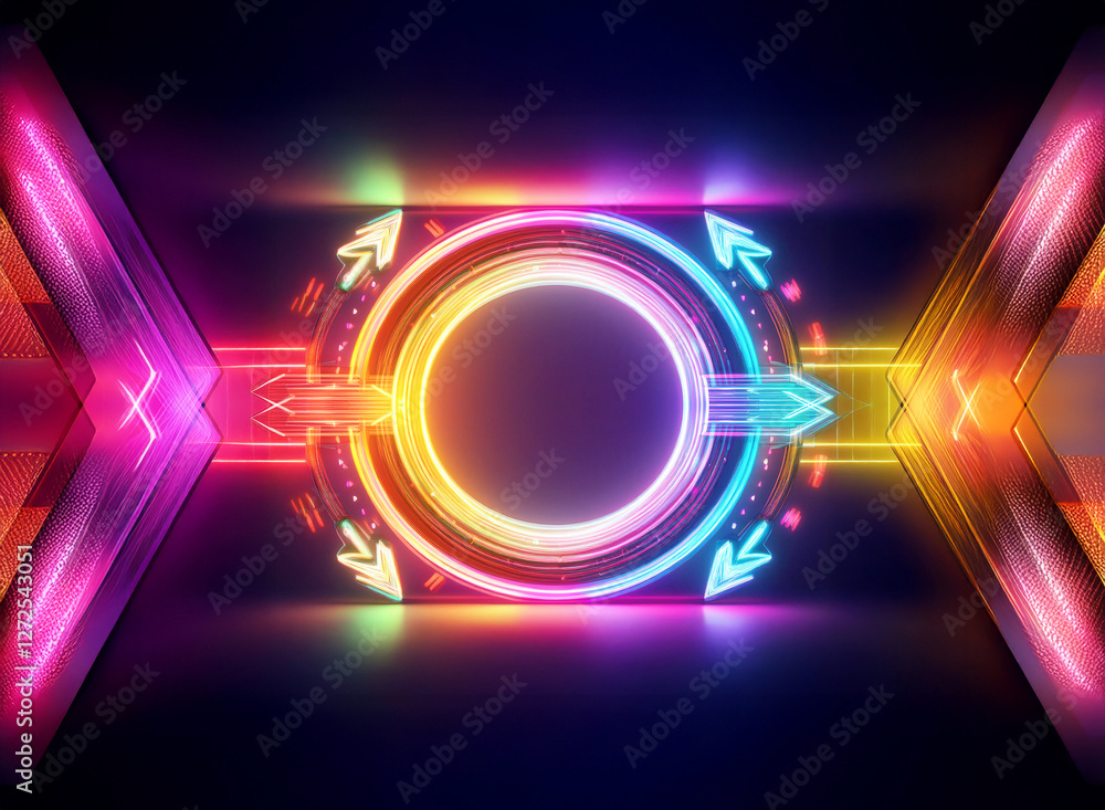 Poster abstract futuristic background with a glowing neon circle and arrows on a dark backdrop. bright vibr