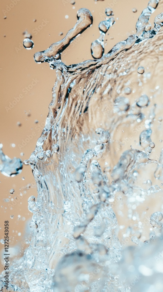 Poster clear water bursts into mesmerizing droplets, catching the light and creating an enchanting display.