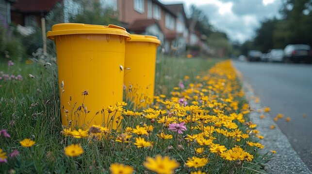 Yellow bins beside flowers on a suburban street
