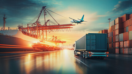 Naklejka premium Container truck in ship port for business Logistics and transportation of Container Cargo ship and Cargo plane with working crane bridge in shipyard at sunrise, logistic import export and transport