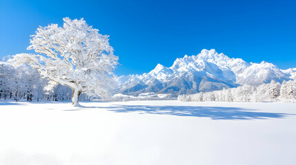 Snowy mountain landscape, winter tree, sunlit field