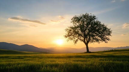 Isolated majestic tree standing in a golden field during a picturesque sunset : Generative AI