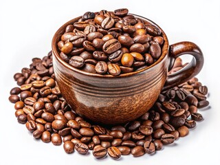Fototapeta premium Panoramic View of Coffee Beans in a Cup, Isolated on White