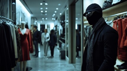 Assassination attempt during an upscale fashion boutique event. Featuring a figure disguised as a stylist