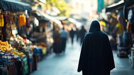 Assassination attempt in a bustling market street. Featuring a cloaked figure with a dagger