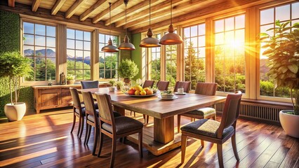 Fototapeta premium Panoramic View of Cozy Home Dining Area with Wooden Table and Chairs