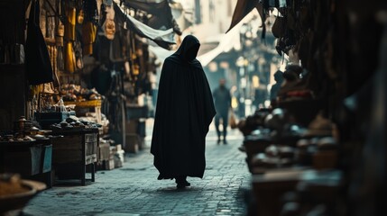 Assassination attempt in a bustling market street. Featuring a cloaked figure with a dagger