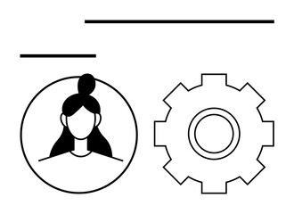 Obraz premium Female profile avatar and gear icon suggest customization, user interface, or settings. Ideal for technology, apps, workflow, customization, user management, options menus abstract line flat
