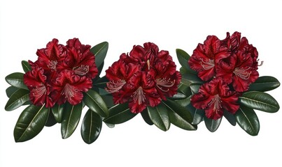 Vibrant red rhododendron flowers arranged elegantly with lush green leaves, showcasing natural beauty