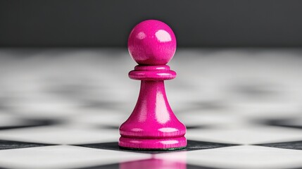 A vibrant pink pawn stands prominently on a black and white chessboard, symbolizing strategy and competition in a game of chess.