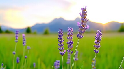 Obraz premium Beautiful Lavender Fields with Mountains and Sunset in Background